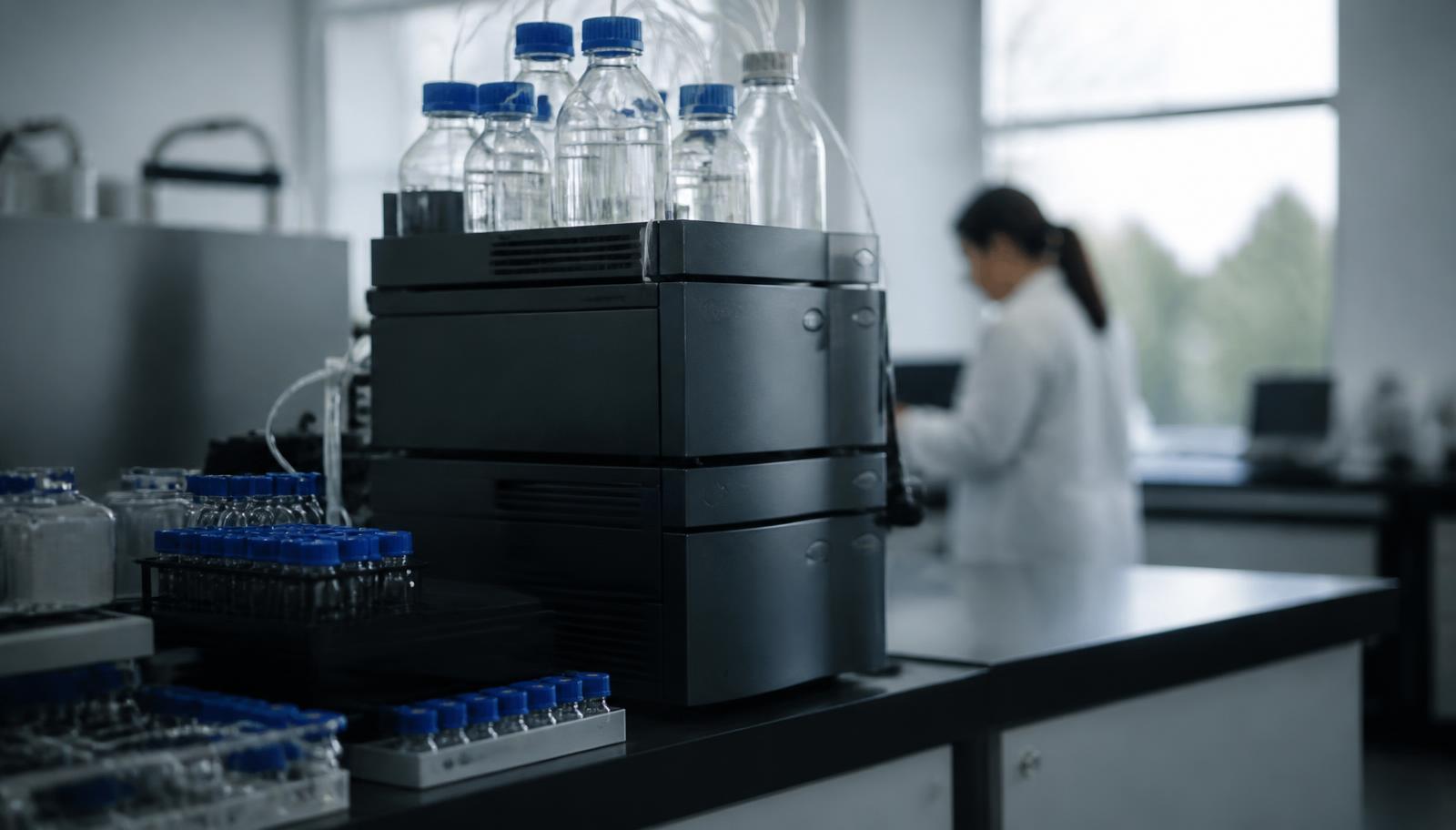 Analytical chemistry laboratory with HPLC and mass spectrometry instrumentation