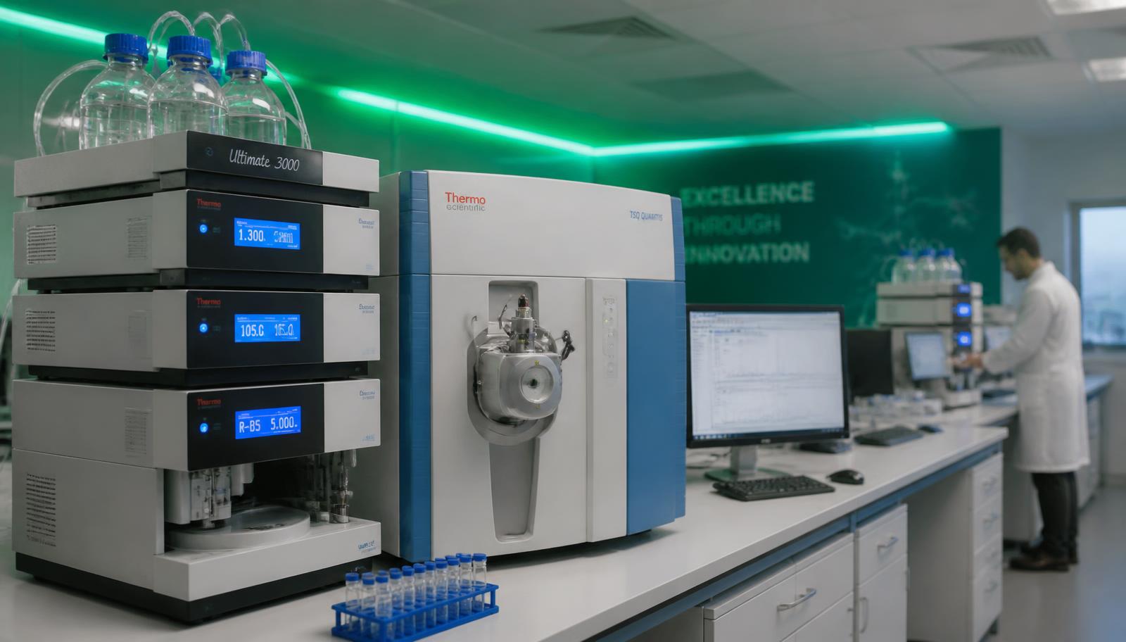 Analytical chemistry laboratory with HPLC and mass spectrometry instruments