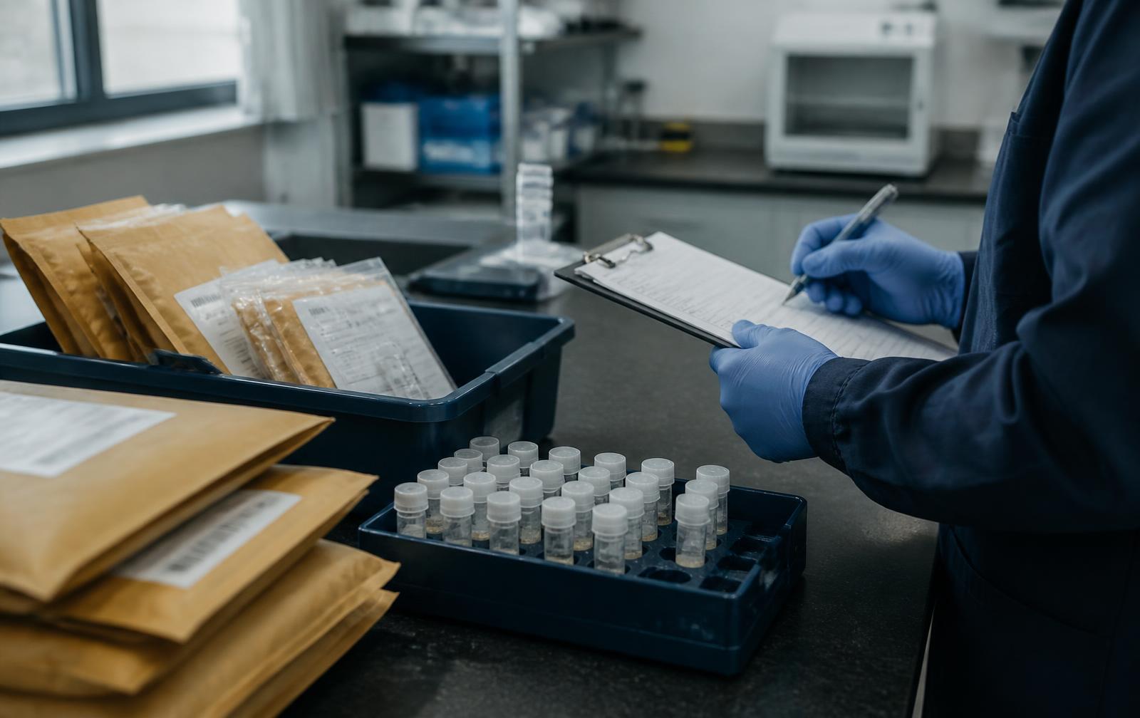 Analyst logging incoming sample vials at the laboratory receiving bench